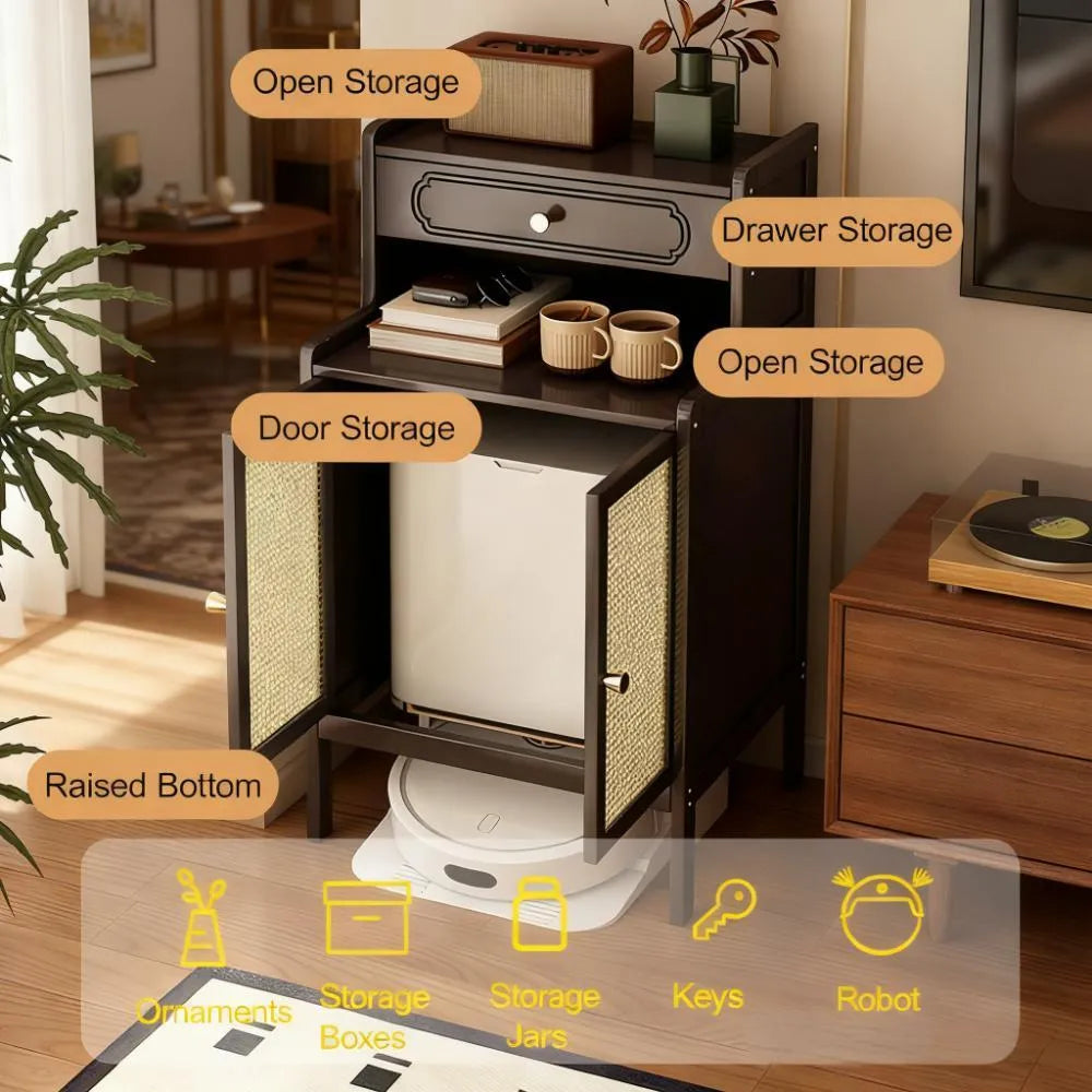 Rattan Door Storage Cabinet with Raised Bottom for Robot Vacuum