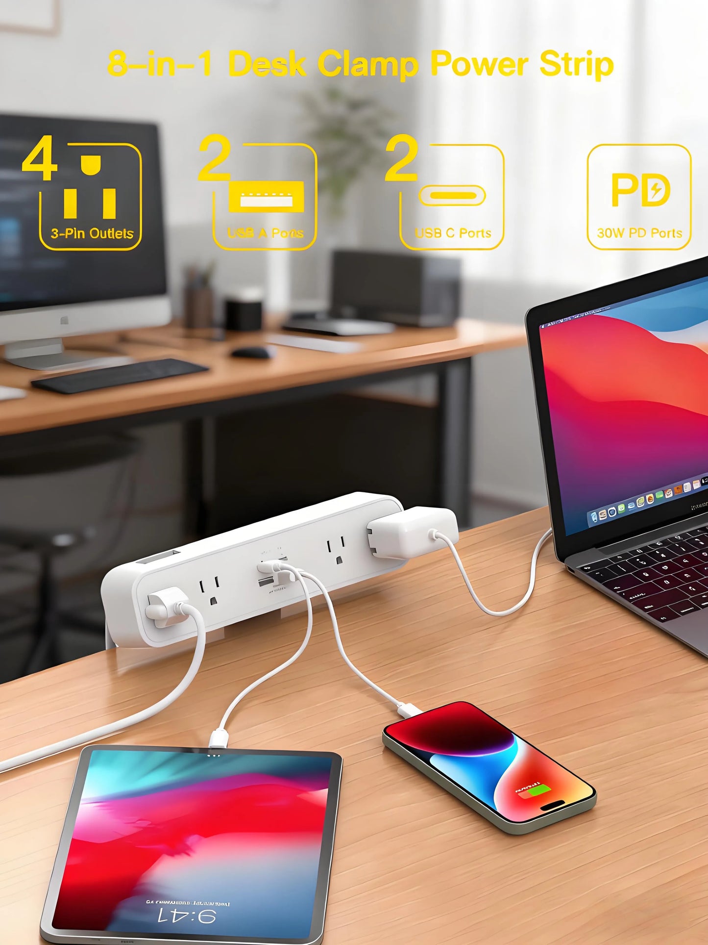 8-in-1 Desk Clamp Power Strip with USB-C PD 30W Fast Charging