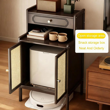 Rattan Door Storage Cabinet with Raised Bottom for Robot Vacuum